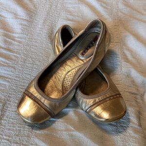Prada Gold Leather Scrunch Ballet Flats